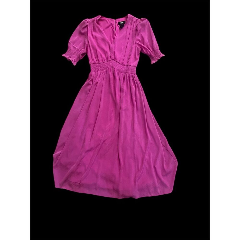DKNY Women's Fuchsia Puff Sleeve V-Neck Midi - Picture 3 of 16